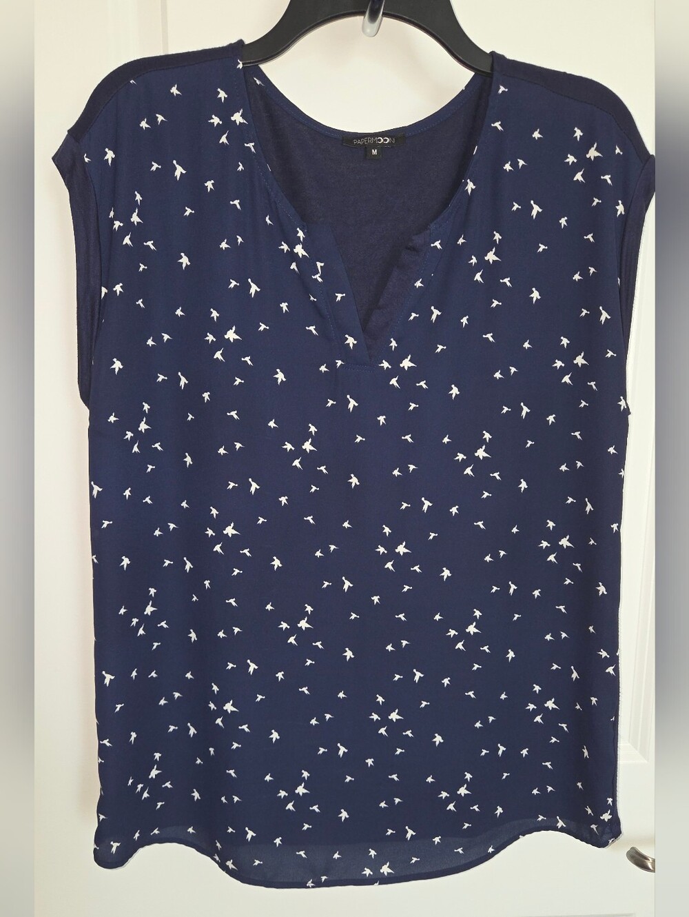 Papermoon Navy Blue Bird Print Split Neck Blouse Size M